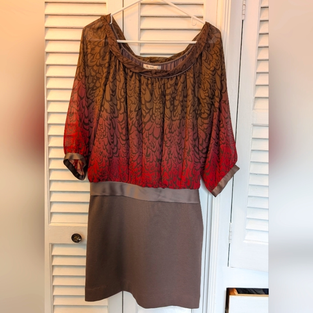 BCBGMaxAzria Red and Brown Sheath Dress with 3/4 Raglan Sleeves